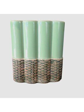 Vintage McCoy Green Bamboo-Style Ceramic Vase Woven Basket Design USA Made MCM
